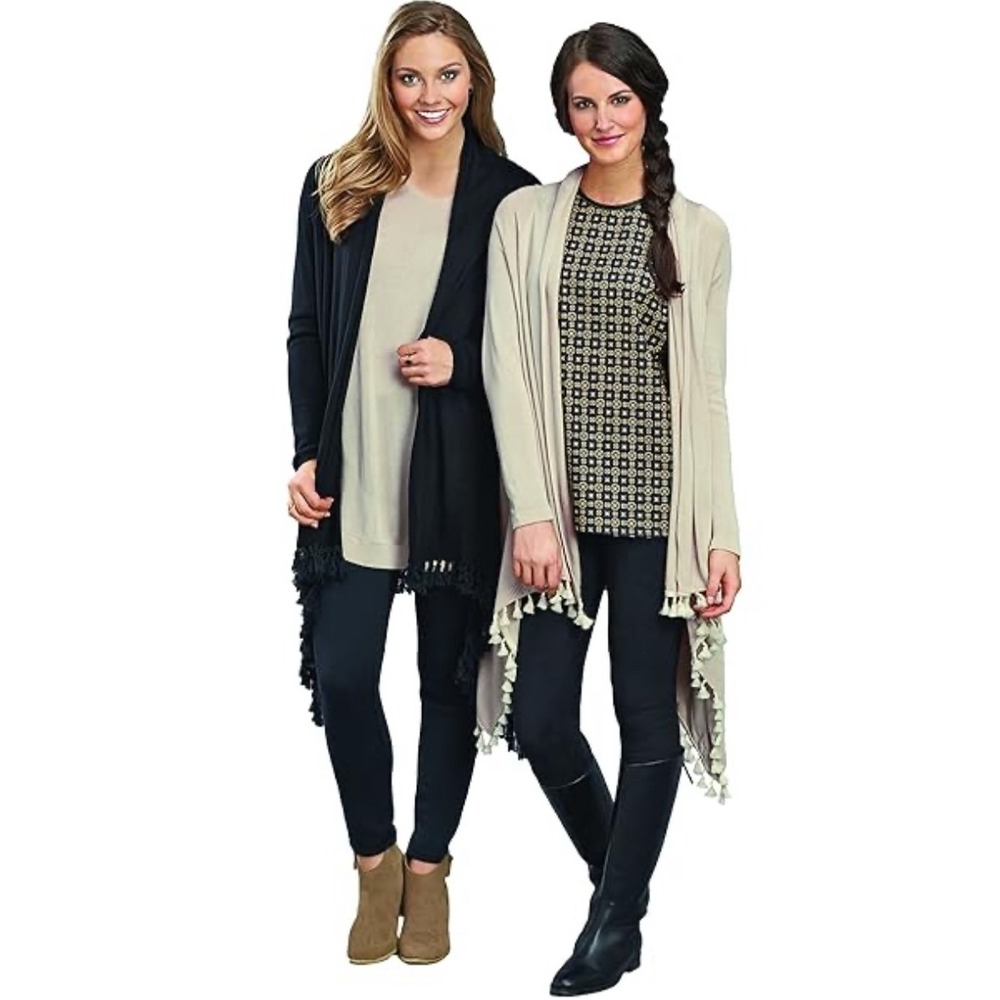 Mud Pie Cardigan Sweater‎ S/M Black Fringe Tassel Knit Open Front Duster